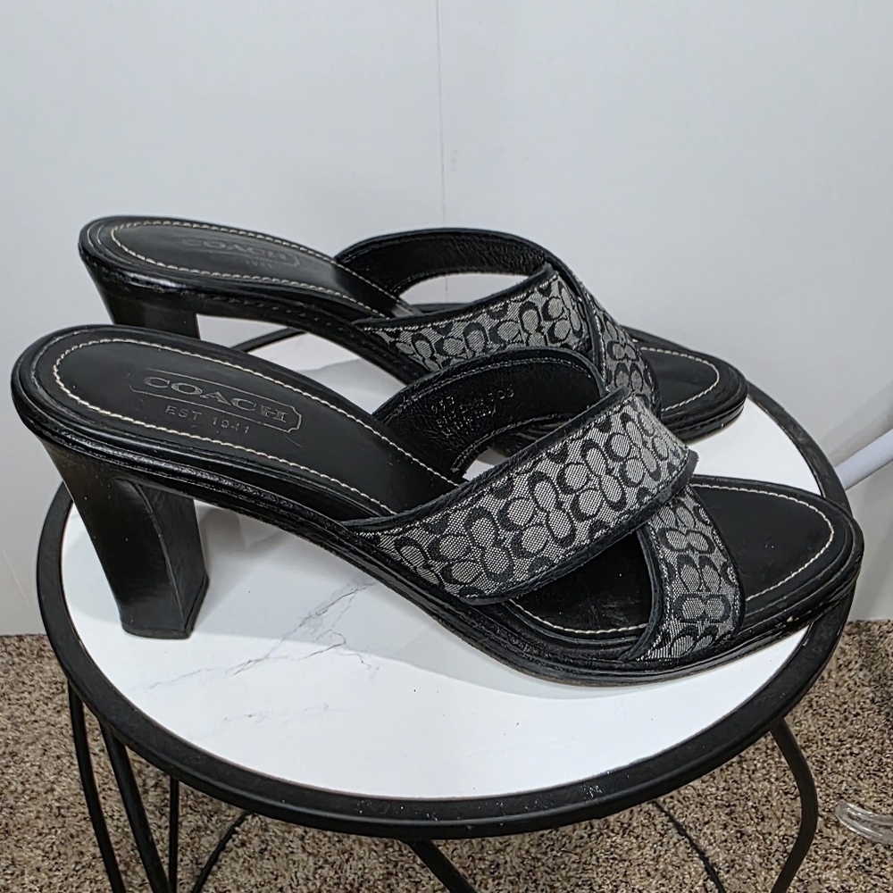 Coach Black Monogram Logo Heel Sandals Womens Size 9.5 Slides